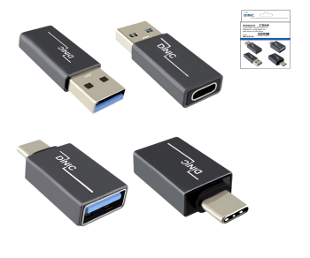 Set, 1x USB C-stekker naar A-stekker + 1x C-stekker naar A-stekker, 2x USB-adapter, aluminium, spacegrijs, DINIC-box met Euro-gat